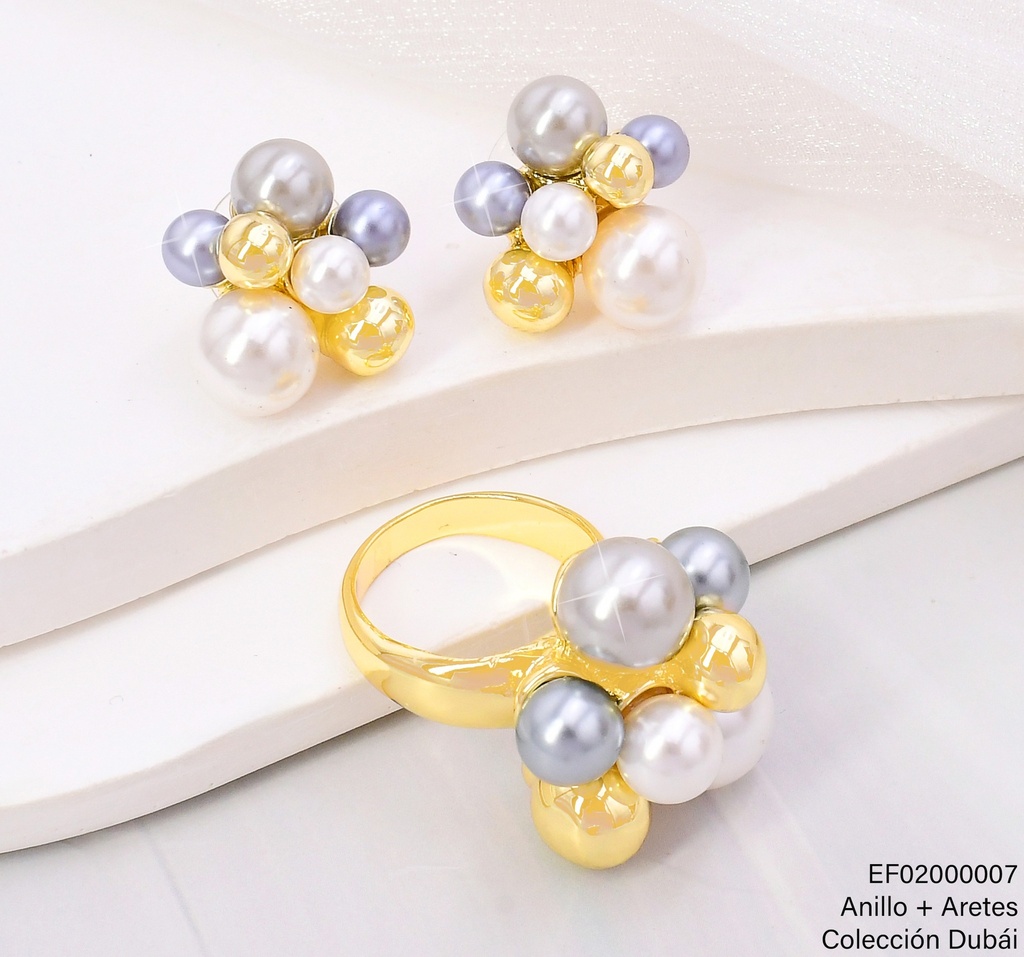 ARETES RACIMO PERLAS/PELOTAS GRIS/DOR C/ANILLO FD25635