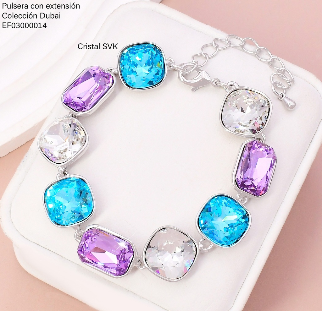 PULSERA PLAT. CUADROS ZIRC. LILA/CELESTE FD25521