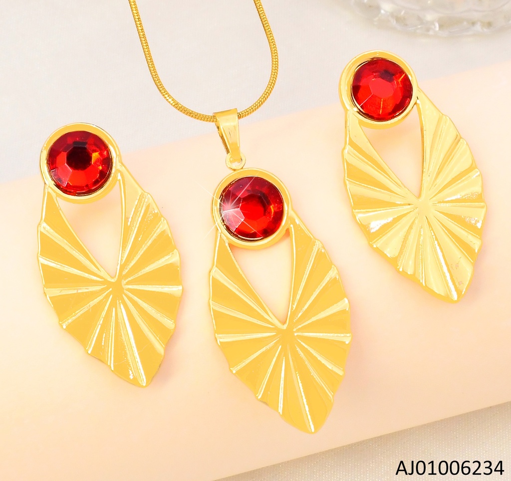 JUEGO ACERO BAÑO ORO 18K. HOJA/ROJO SA1368-143 (IN11)