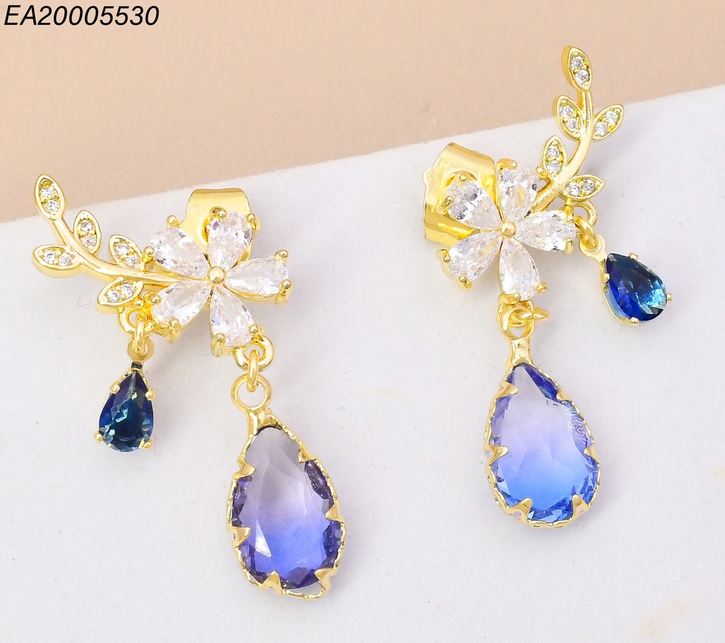 ARETES DOR FLOR ZIRC/GOTA AZUL/HOJITAS EE4818-3 14K (IN11)