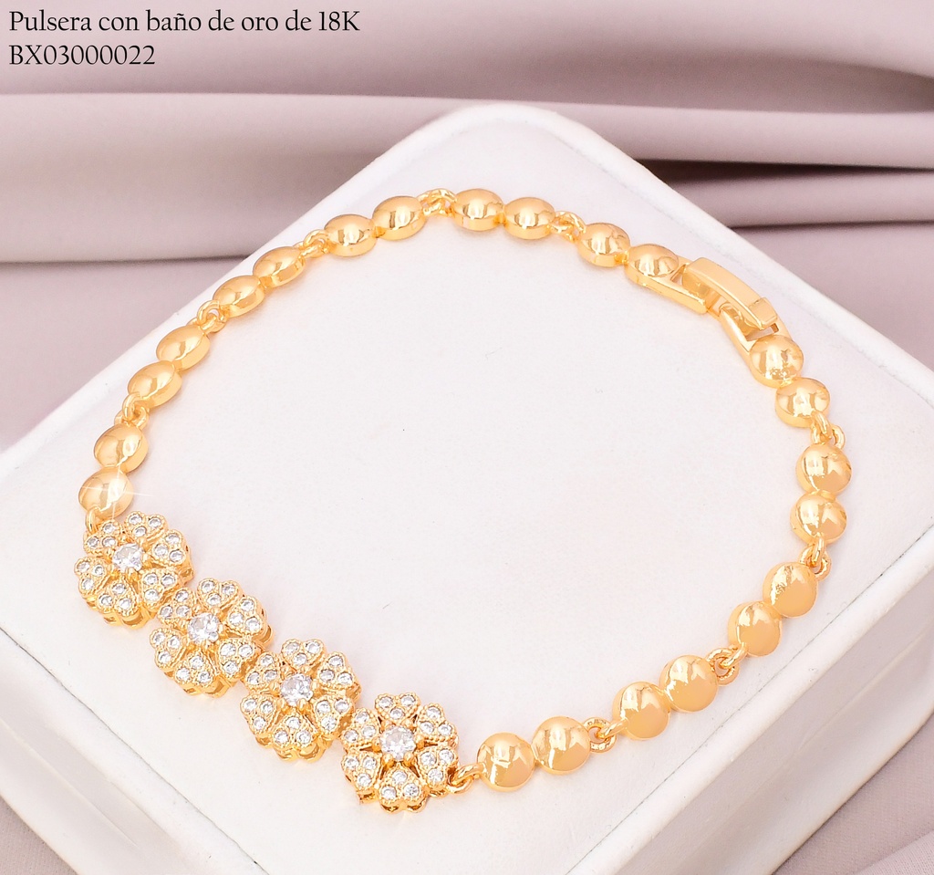 PULSERA BAÑO DE ORO 18K. XUPING ESLAB.RD C/3 FLORES Z448