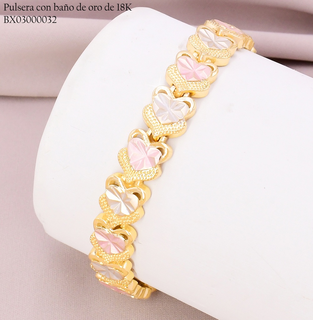 PULSERA BAÑO DE ORO 18K. XUPING ESLAB.CORAZONES PASTELES Z222