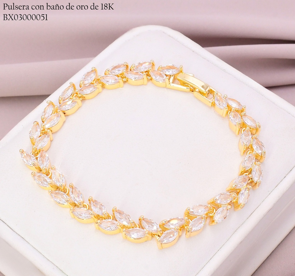 PULSERA BAÑO DE ORO 18K. XUPING HOJITAS ZIRCONIAS N6037