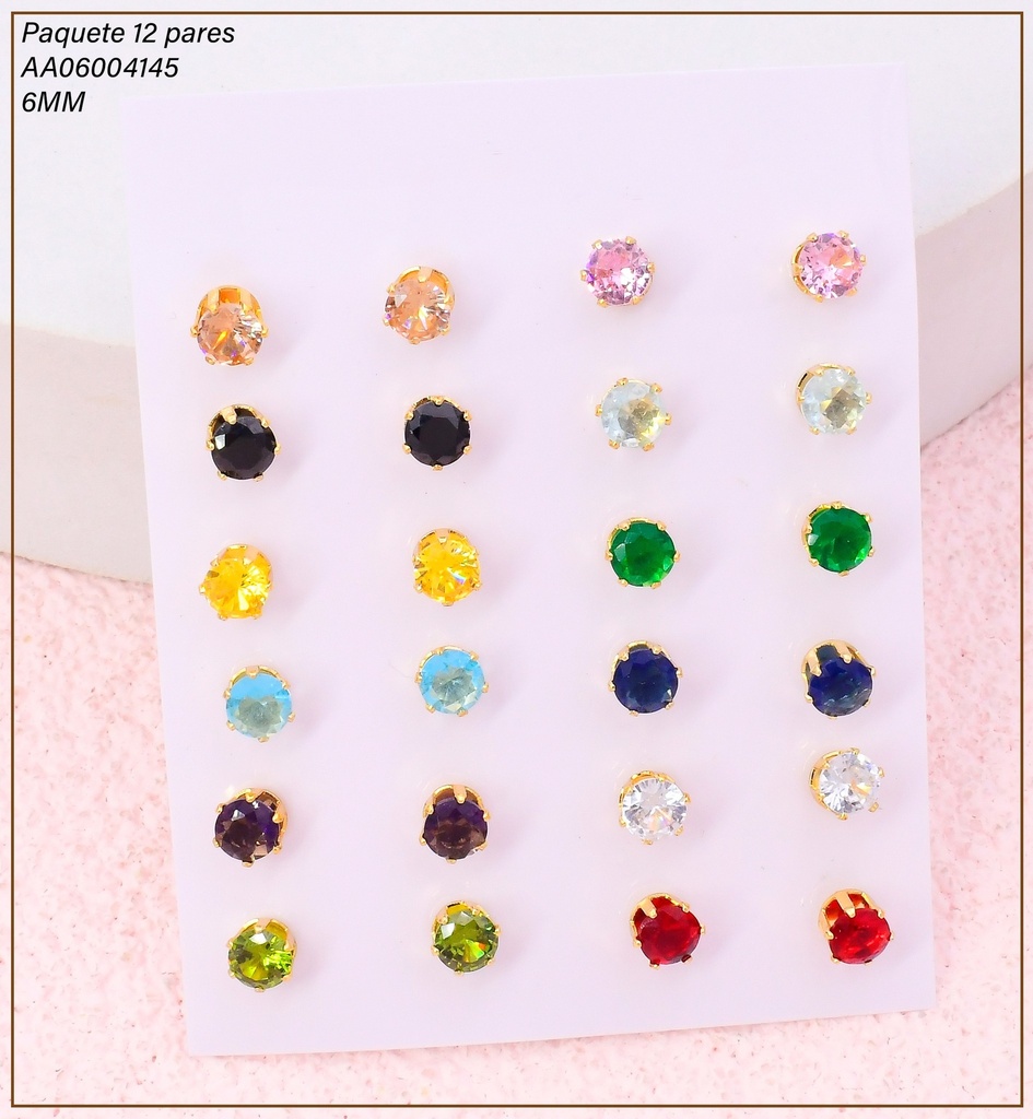 PAQ. 12 PARES ARETES ZIRC. RD. 5MM COLORES EA1357-216 012026 (TCC)