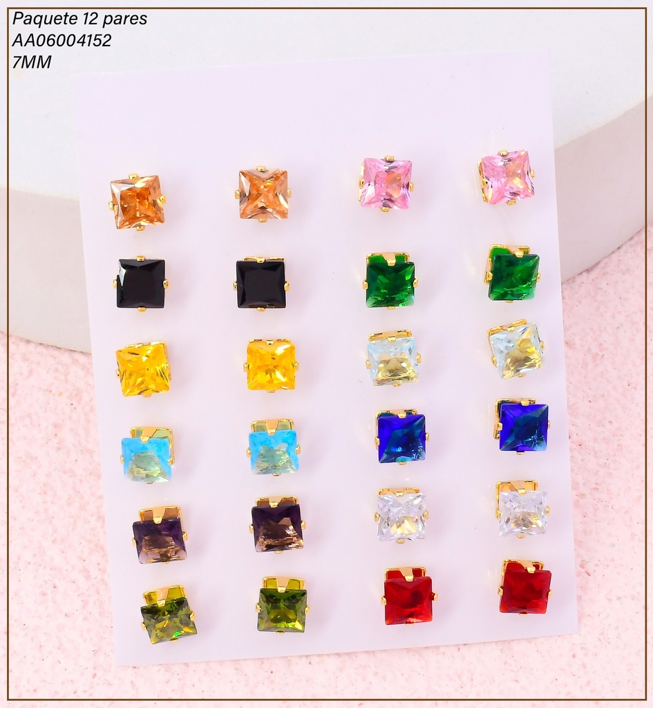 PAQ. 12 PARES ARETES ZIRC. CUADRADA COLORES 6MM EA1364-216 012026 (TCC)