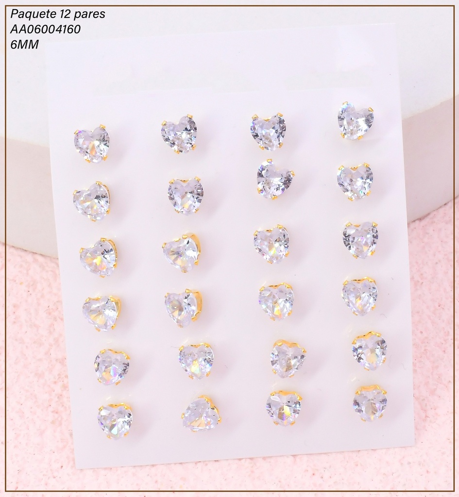 PAQ. 12 PARES ARETES ZIRC. CORAZON CRISTAL 6MM EA1375-216 012026 (TCC)