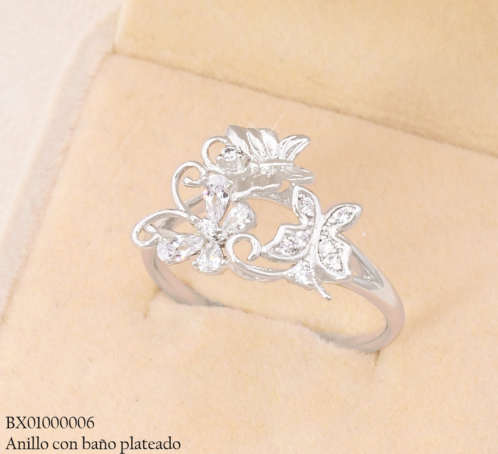 ANILLO BAÑO PLATEADO.  MARIPOSAS ZIRC. RE360-428 012026 XUPING