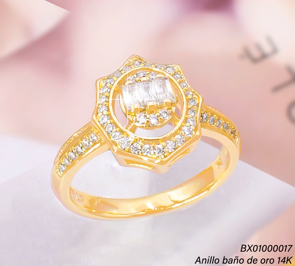 ANILLO BAÑO DE ORO 14K. XUPING "OV" OCTÁGONO ZIRC. RE373-428 012026