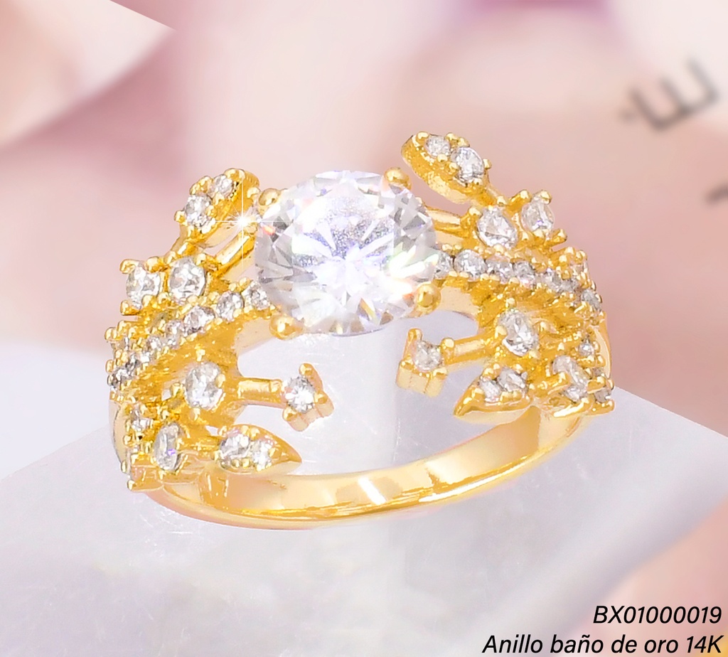 ANILLO BAÑO DE ORO 14K. XUPING HOJAS ZIRC. / ZIRC. RD CENTRO RE375-428 012026