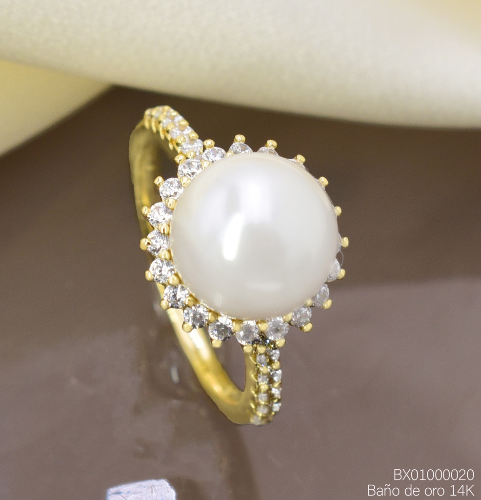ANILLO BAÑO DE ORO 14K. XUPING PERLA/ ZIRC. RE376-428 012026