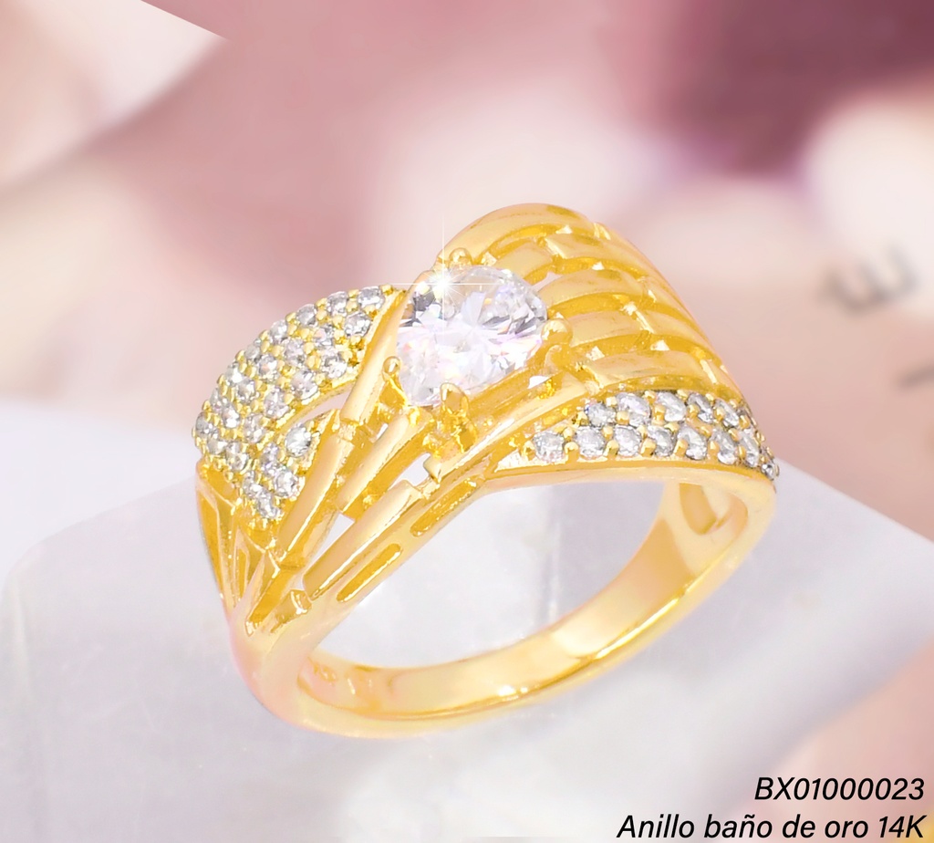 ANILLO BAÑO DE ORO 14K. XUPING LINEAS ZIRC. & LINEAS LISAS/ZIRC. GOTA RE380-428 012026