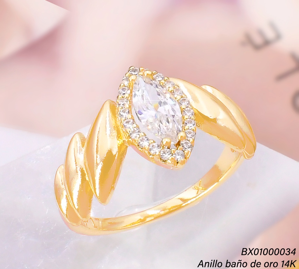 ANILLO BAÑO DE ORO 14K. XUPING  OVALOS LISOS / ZIRC. CENTRO RE392-428 012026