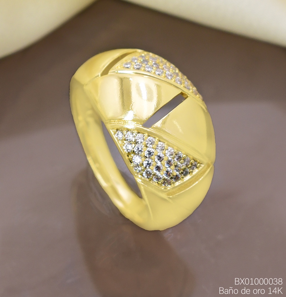 ANILLO BAÑO DE ORO 14K. XUPING TRIANGULOS LISOS/ZIRC. RE396-428 012026