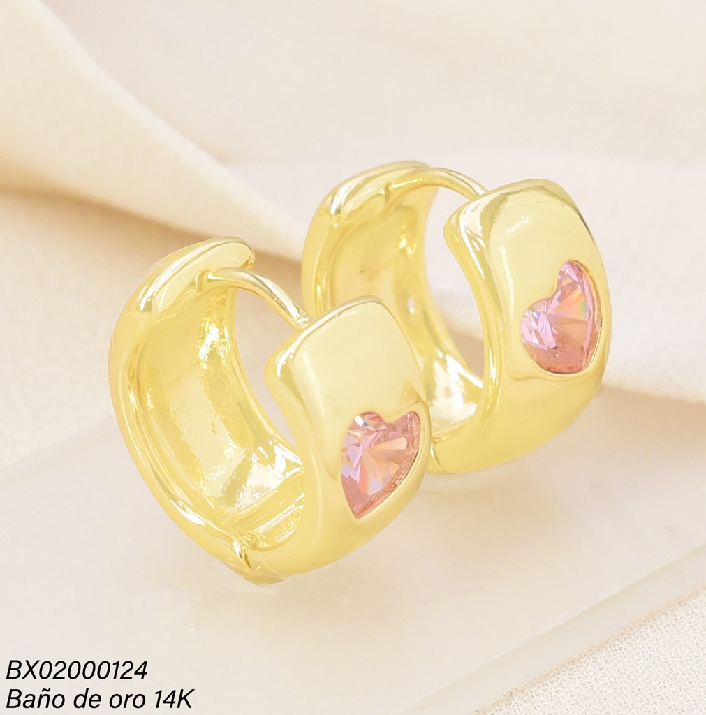 ARETES BAÑO DE ORO 14K. XUPING HUGGIES ZIRC. CORAZON ROSA EE5299-427 012026