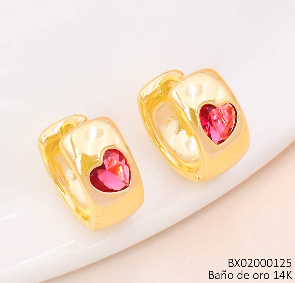 ARETES BAÑO DE ORO 14K. XUPING "C" ZIRC. CORAZON FUCSIA EE5300-427 012026