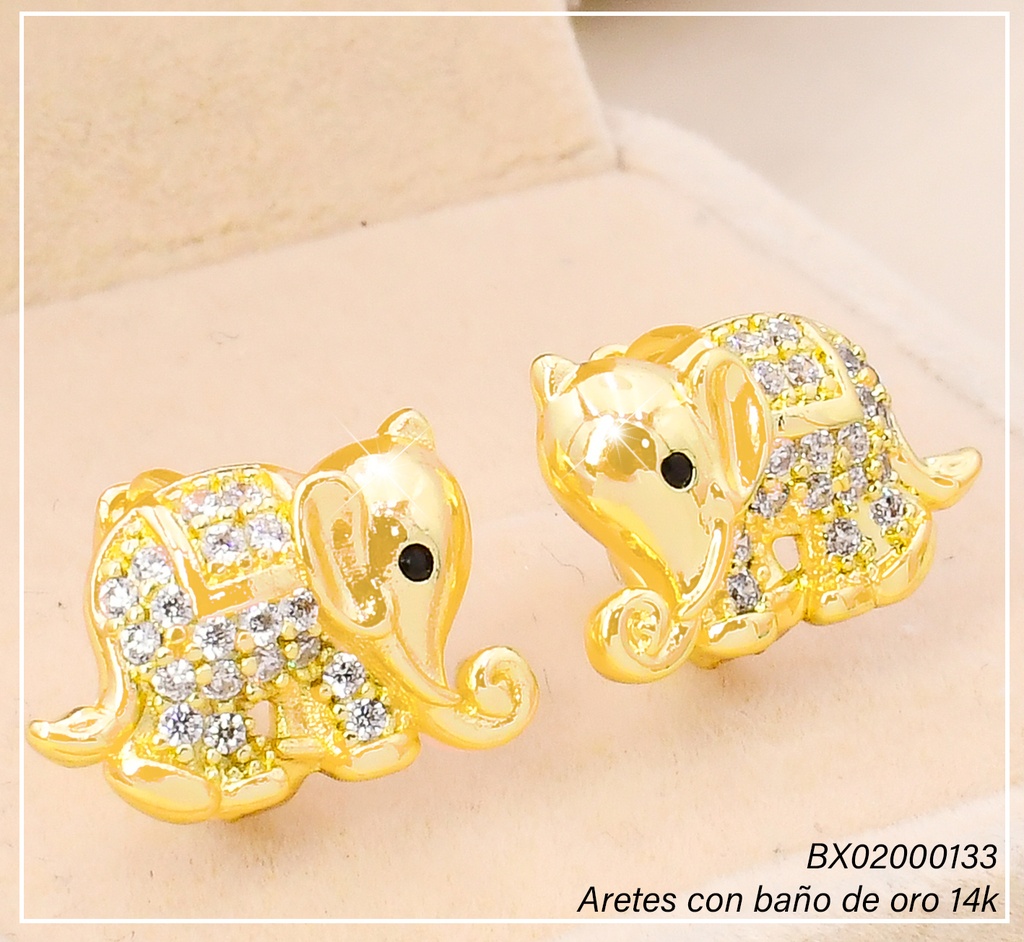 ARETES HUGGIES BAÑO DE ORO 14K. XUPING ELEFANTE EE5308-427 012026