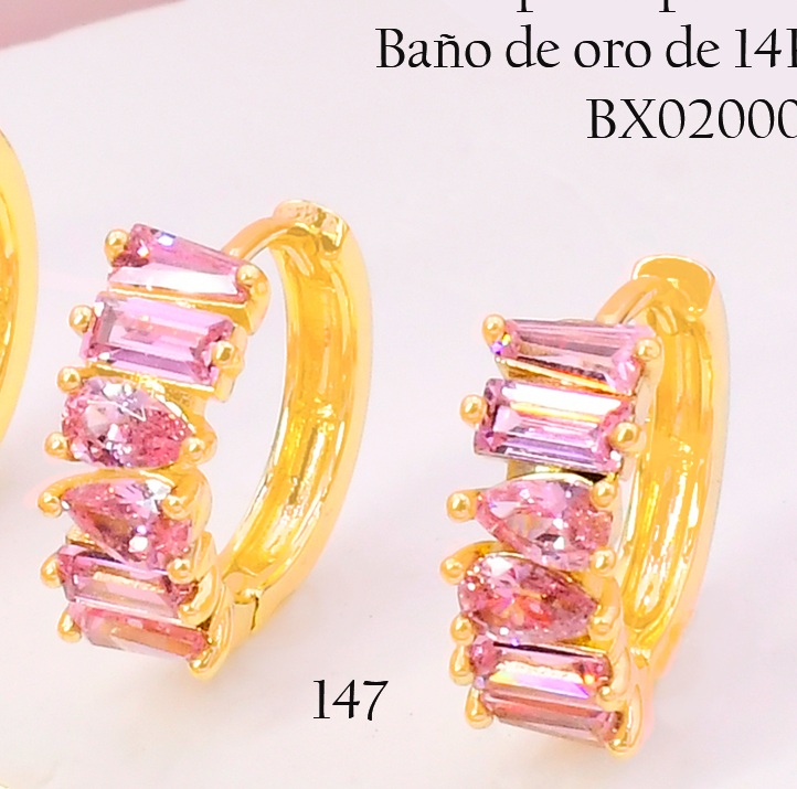 ARETES BAÑO DE ORO 14K. XUPING "C" ZIRC. ROSA EE5322-427 012026