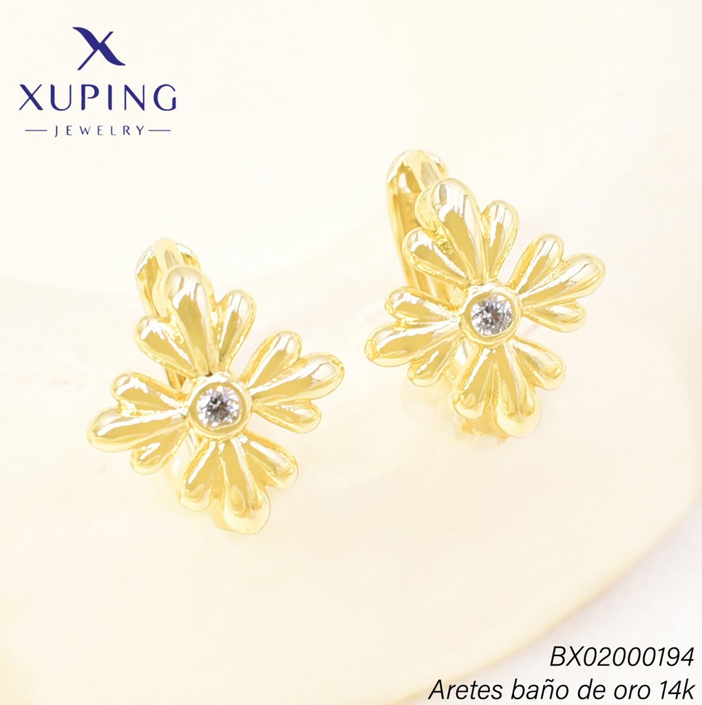 ARETES HUGGIES BAÑO DE ORO 14K. XUPING FLOR ZIRC. EE5372-428 012026