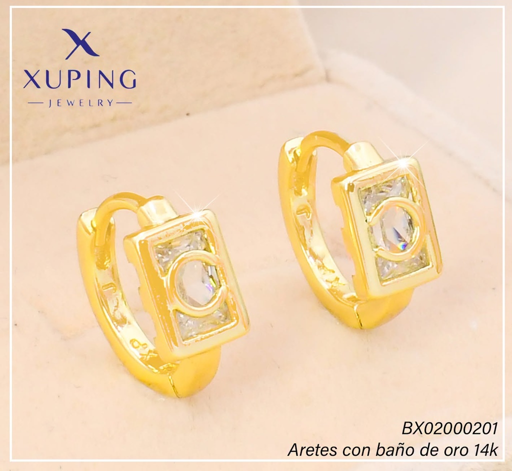 ARETES HUGGIES BAÑO DE ORO 14K. XUPING "C" RECT.  ZIRC. EE5379-428 012026