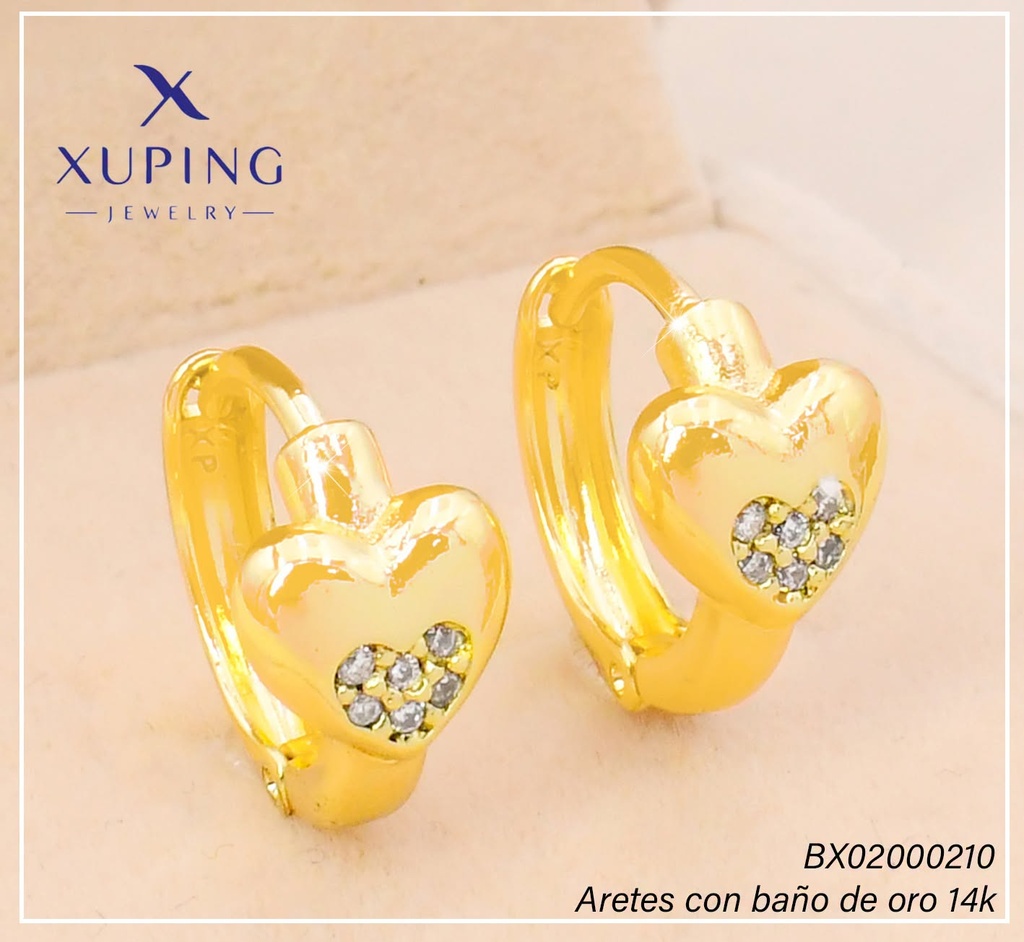ARETES HUGGIES BAÑO DE ORO 14K. XUPING "C" CORAZON ASIMETRICO EE5388-428 012026