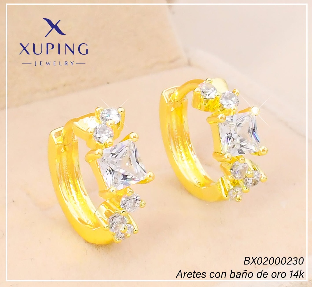 ARETES HUGGIES BAÑO DE ORO 14K. XUPING "C" LINEA ZIRC. EE5417-428 012026