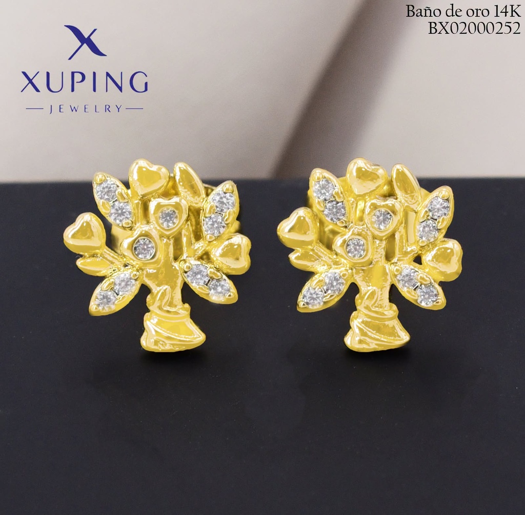 ARETES BAÑO DE ORO 14K. XUPING RAMO CORAZON/HOJAS  EE5441-428 012026