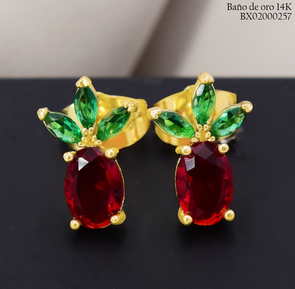 ARETES BAÑO DE ORO 14K. XUPING FRESA ZIRC. HOJA EE5448-428 012026