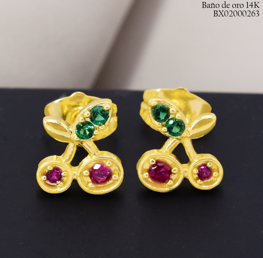 ARETES BAÑO DE ORO 14K. XUPING CEREZA ZIRC. EE5454-428 012026