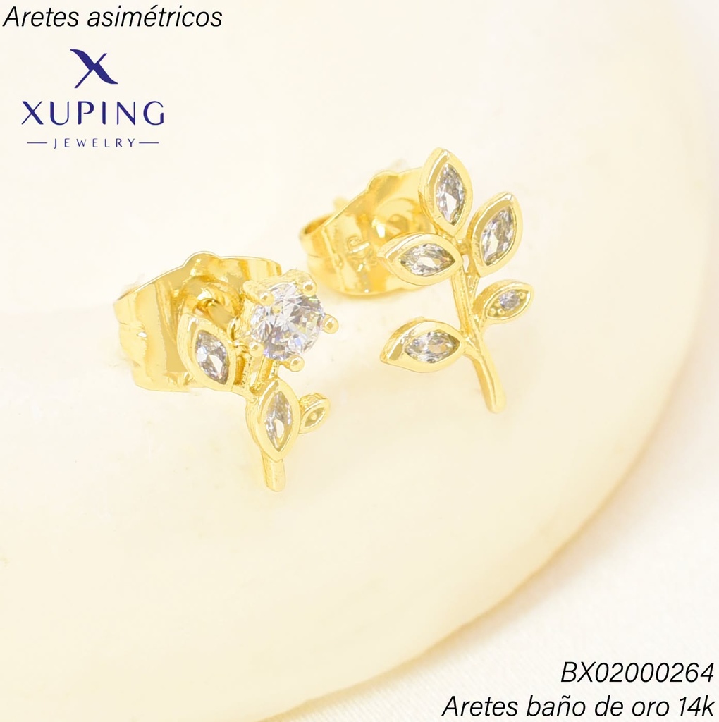 ARETES BAÑO DE ORO 14K. XUPING FLOR/HOJA ASIMETRICO EE5455-428 012026