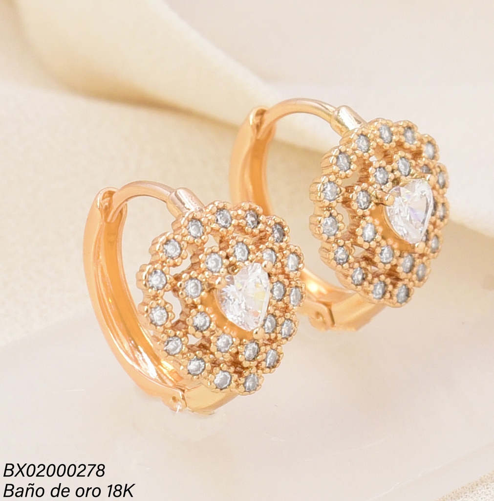 ARETES BAÑO DE ORO 18K. XUPING HUGGIES GOTA/ ZIRC. CORAZON CENTRO  EE5466-428 012026