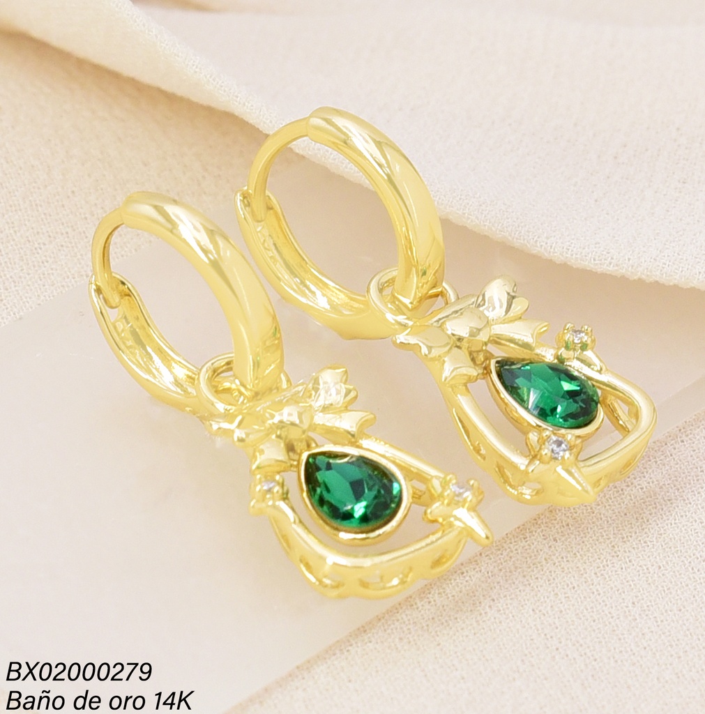ARETES BAÑO DE ORO 14K. XUPING RECIPIENTE/GOTA/LAZO ZIRC.  VERDE EE5467-427 012026