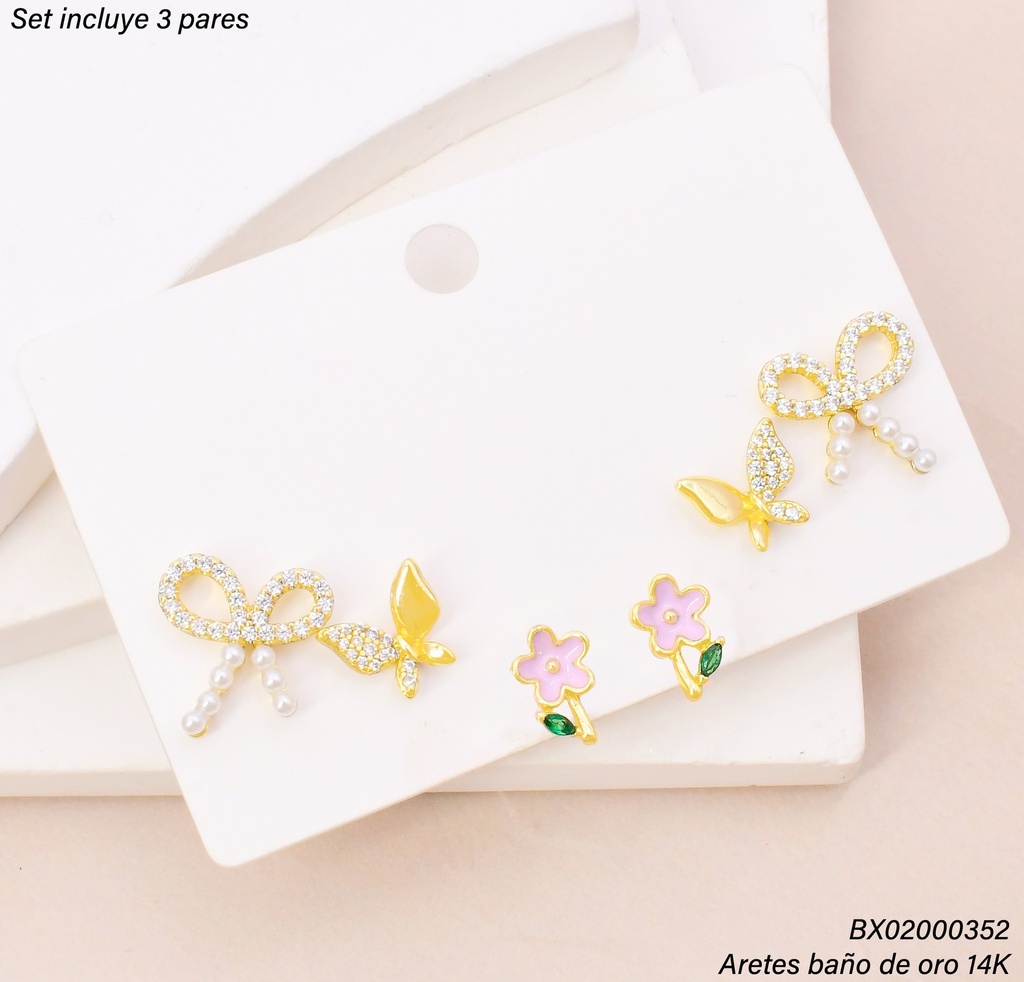 PAQ. 3 PARES ARETES BAÑO DE ORO 14K. XUPING LAZO/ZIRC. SE1527-427 012026