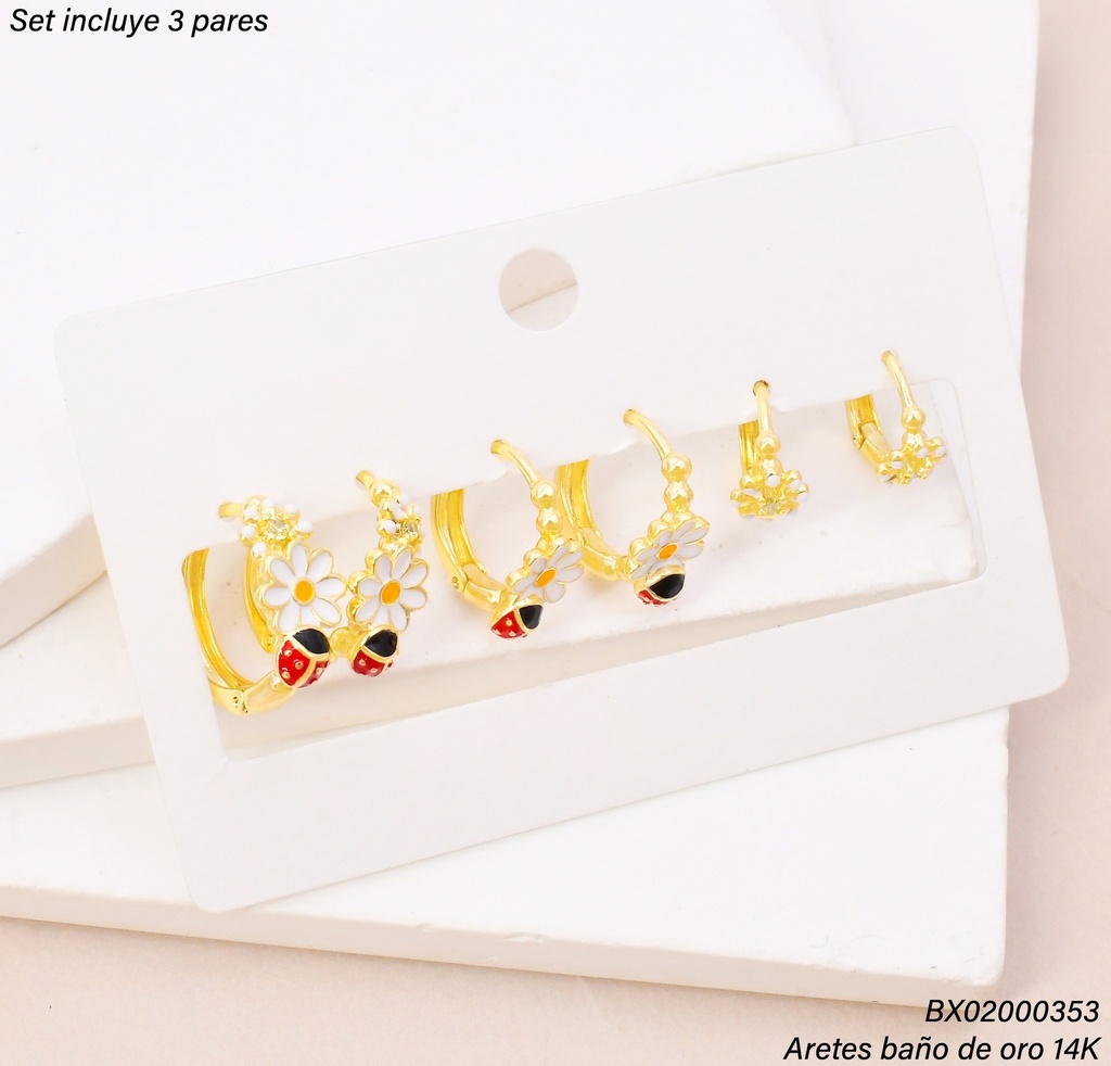 PAQ. 3 PARES ARETES BAÑO DE ORO 14K. XUPING FLOR/ZIRC. SE1528-427 012026