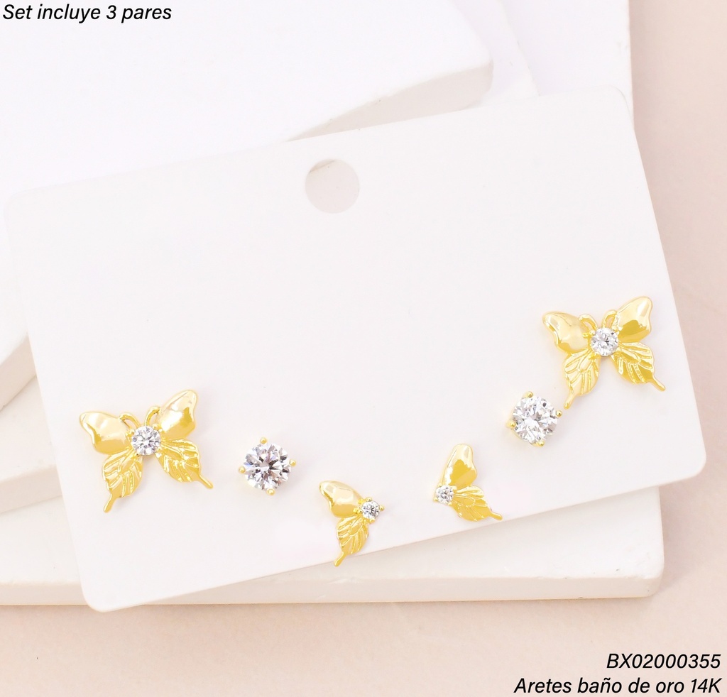 PAQ. 3 PARES ARETES BAÑO DE ORO 14K. XUPING MARIPOSA/ZIRC. SE1531-427 012026