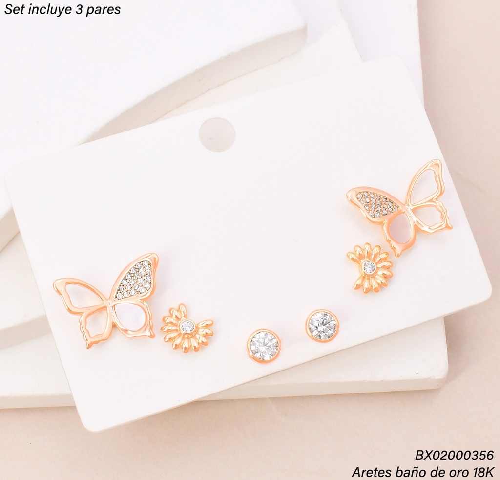 PAQ. 3 PARES ARETES BAÑO DE ORO 18K. XUPING MARIPOSA SE1533-427 012026
