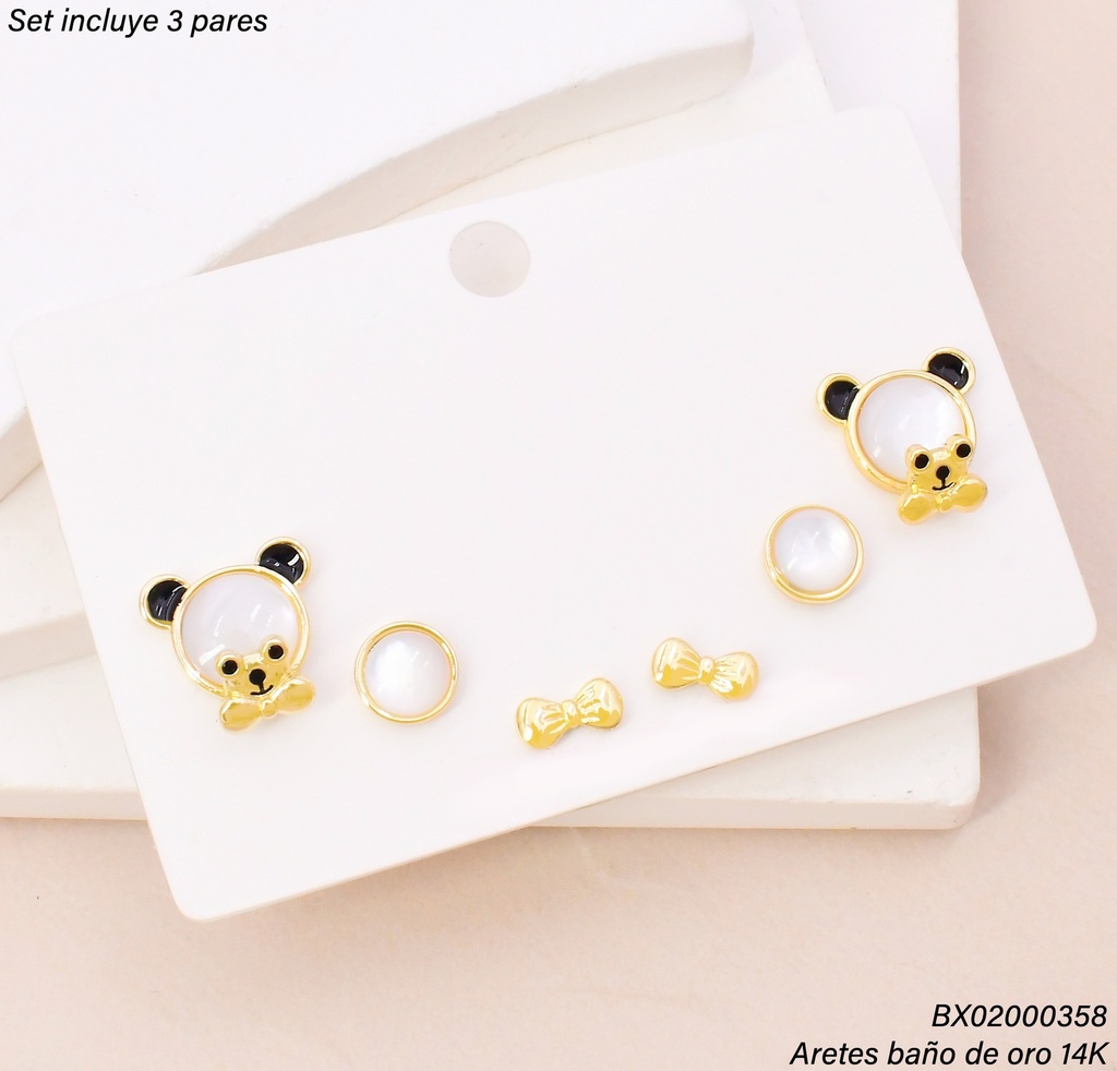 PAQ. 3 PARES ARETES BAÑO DE ORO 14K. XUPING OSO PERLA SE1535-427 012026