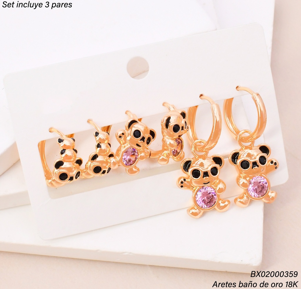 PAQ. 3 PARES ARETES BAÑO DE ORO 18K. XUPING "C" OSO SE1536-427 012026