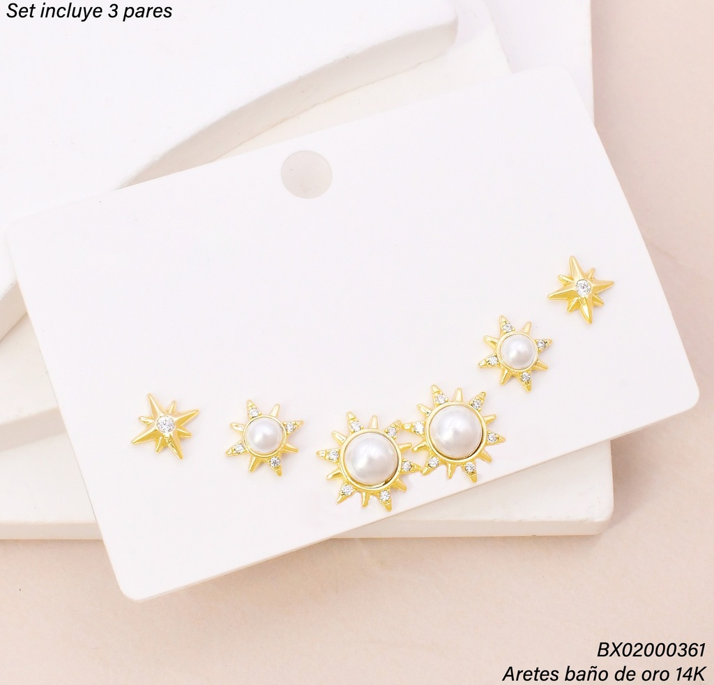 PAQ. 3 PARES ARETES BAÑO DE ORO 14K. XUPING ESTRELLA/PERLA SE1538-427 012026