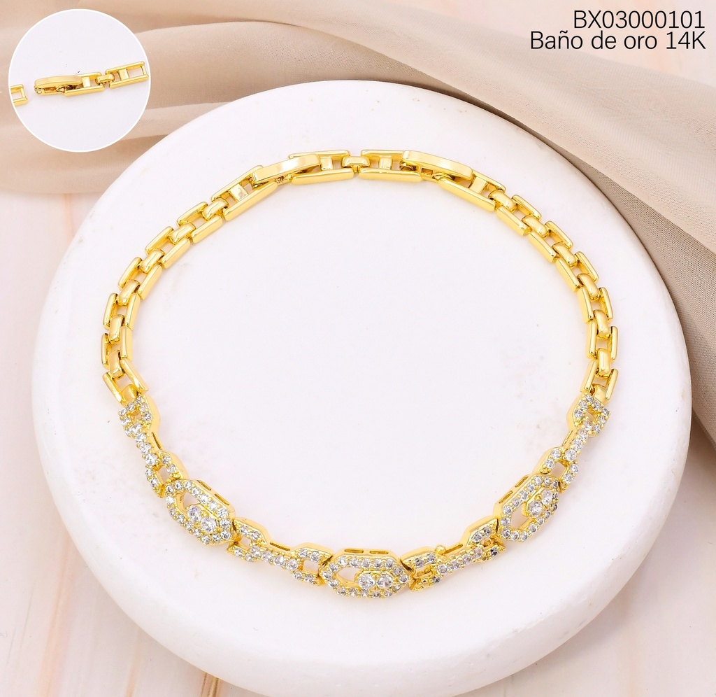 PULSERA BAÑO DE ORO 14K. XUPING HEXAGONOS ZIRC. BE981-428 012026