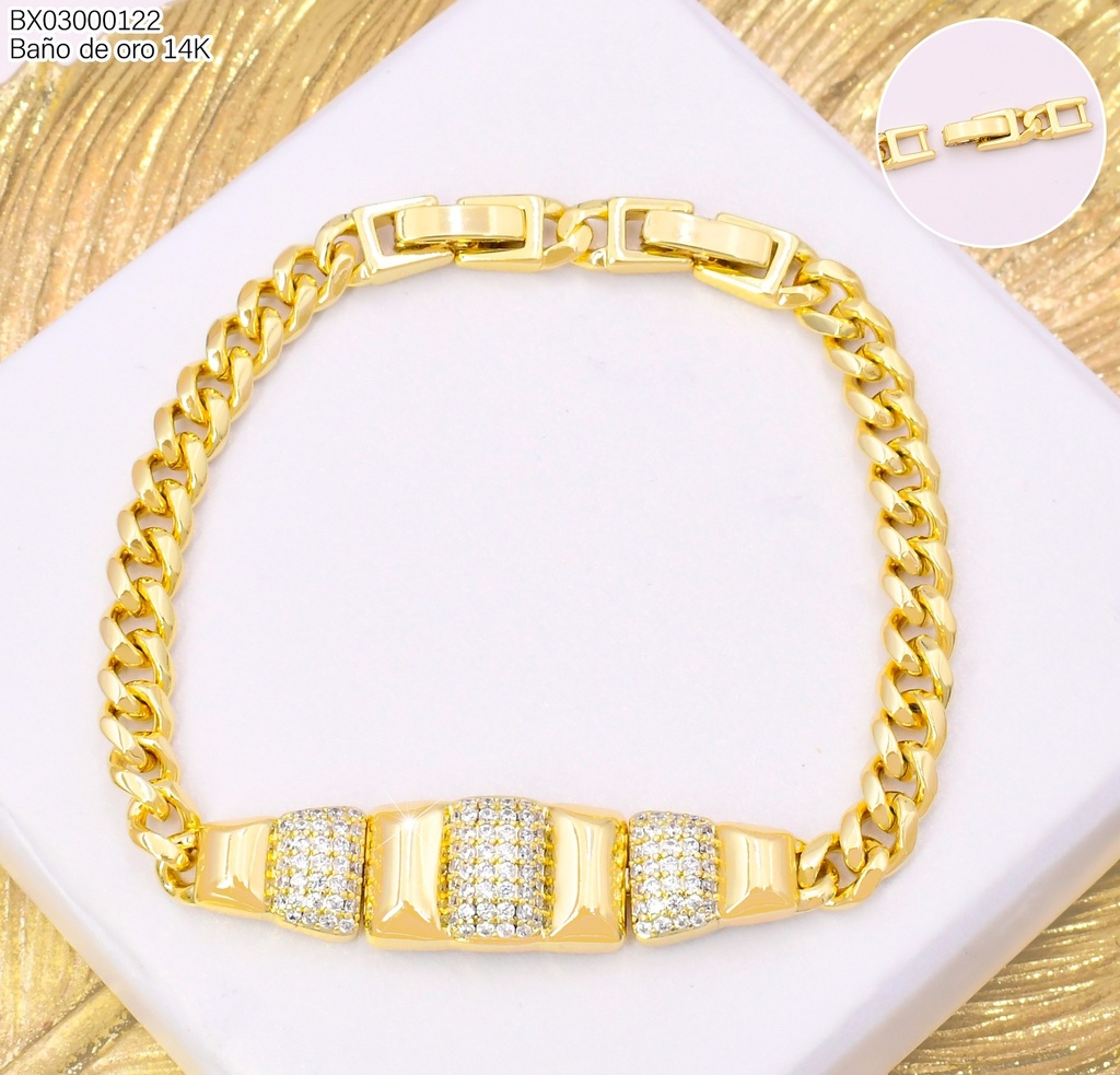PULSERA BAÑO DE ORO 14K. XUPING PLACA 3 CUADROS ZIRC. BE1006-428 012026