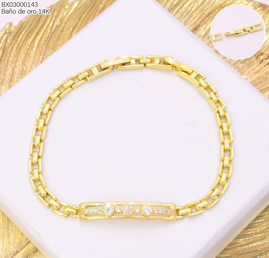 PULSERA BAÑO DE ORO 14K. XUPING RECT C/3 ZIRC. BE1028-428 012026