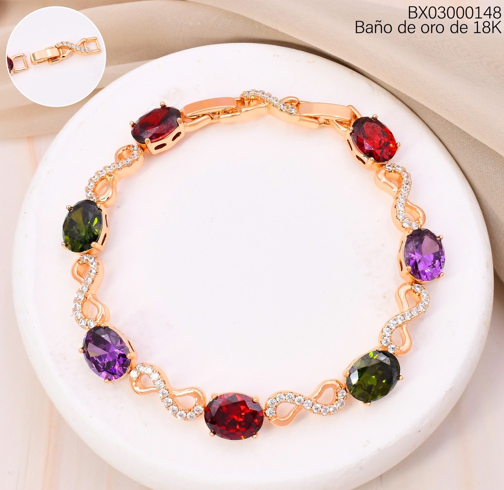 PULSERA BAÑO DE ORO 18K. XUPING ZIRC.OVALADAS COL VARIOS/INFINITO BE1036-428 012026