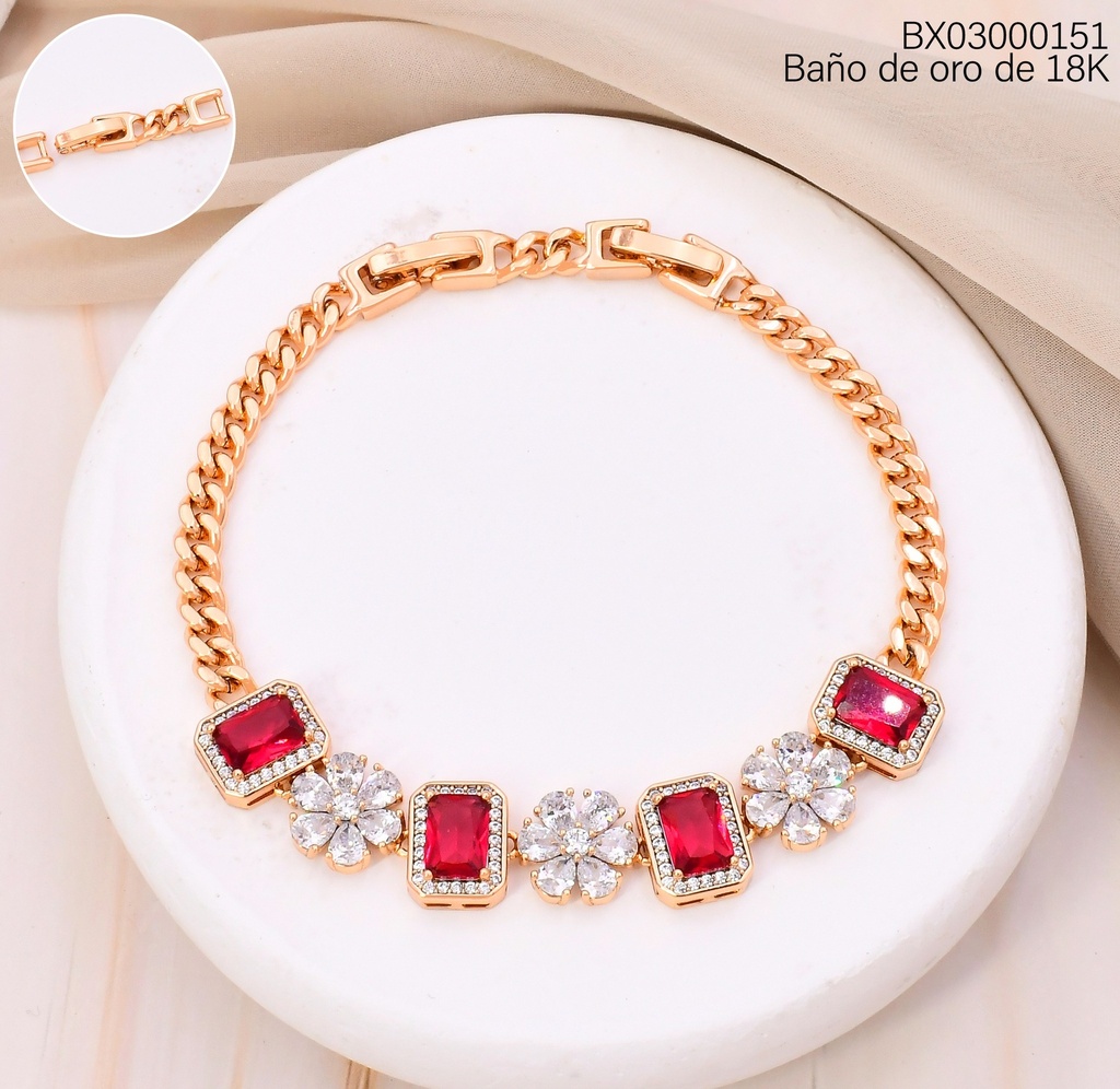 PULSERA BAÑO DE ORO 18K. XUPING  ZIRC FLOR/RECT. FUCSIA  BE1040-428 012026
