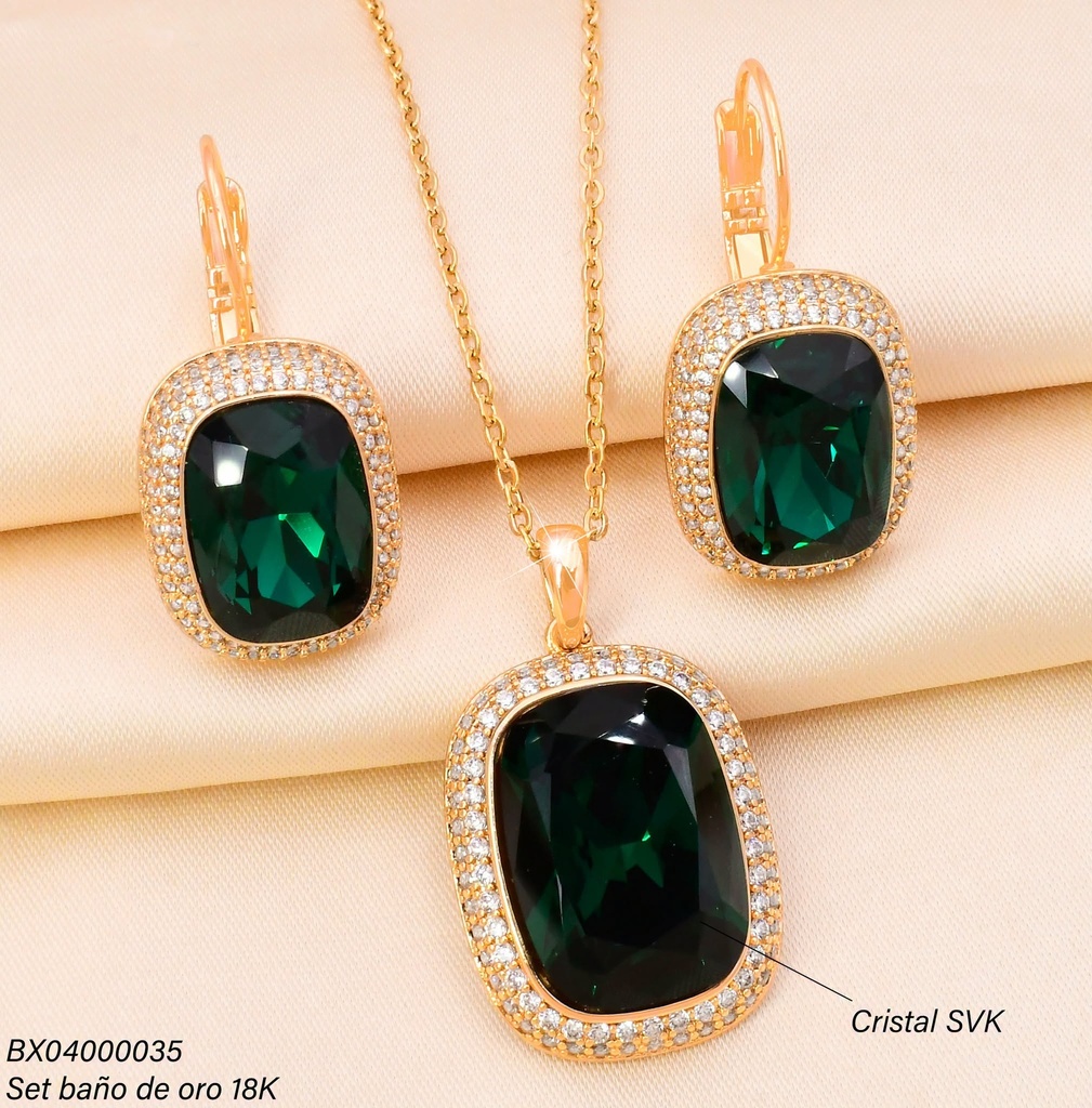 SET BAÑO DE ORO 18K. XUPING RECT/ZIRC VERDE SE1517-427 012026