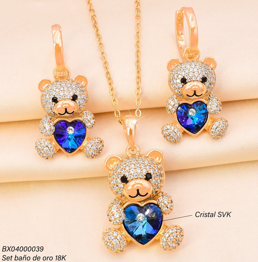 SET BAÑO DE ORO 18K. XUPING OSO CORAZON AZUL SE1521-427 012026