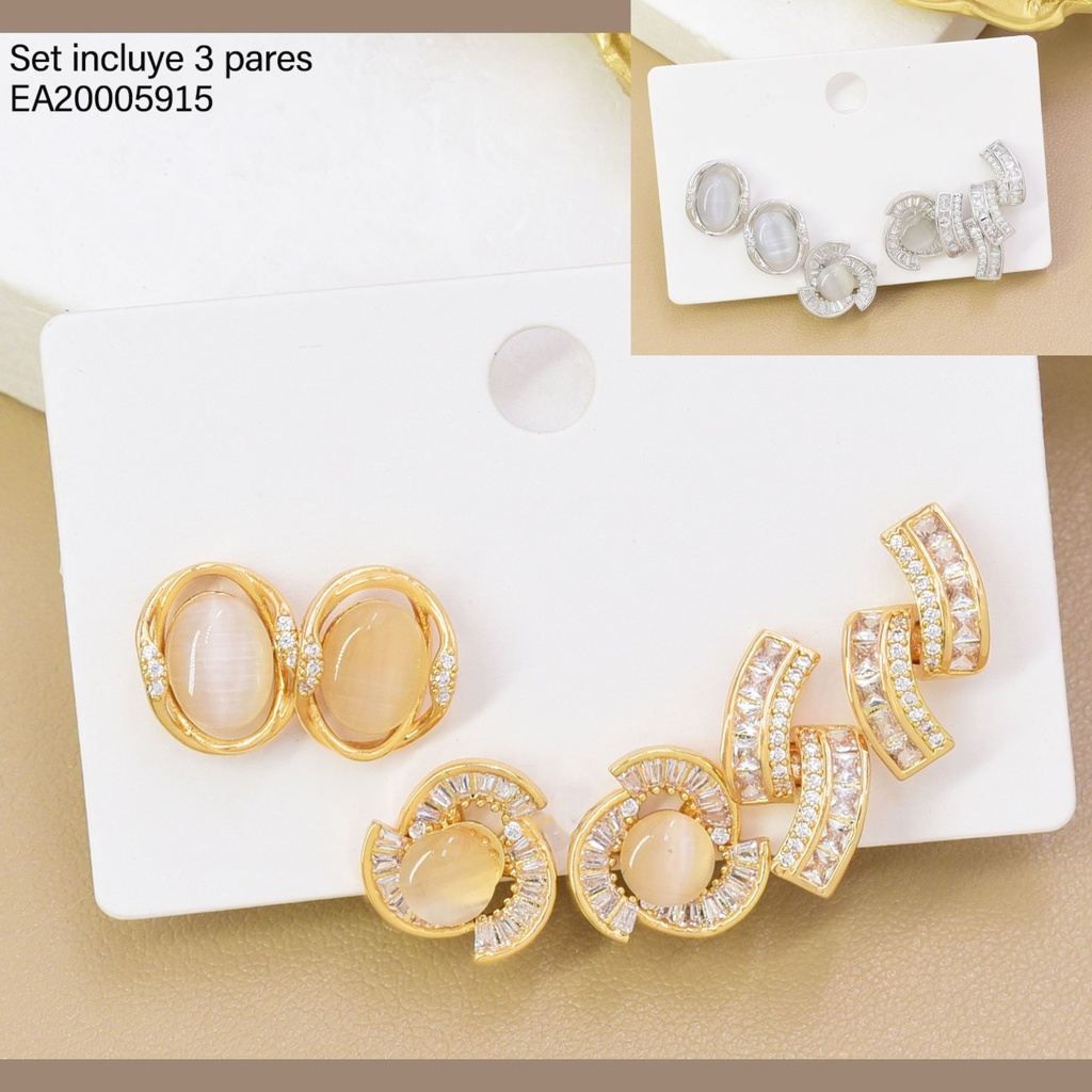 SET 3 PARES ARETES DOR/PLAT  ZIRC OV/FLOR/RECT  SE1390-6 012026