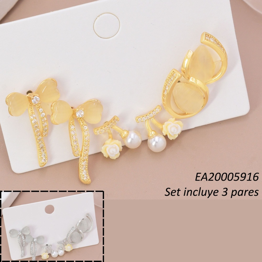 SET DOR/PLAT 3 PARES ARETES LAZOS/FLOR & PERLA/OVALO SE1391-6 012026
