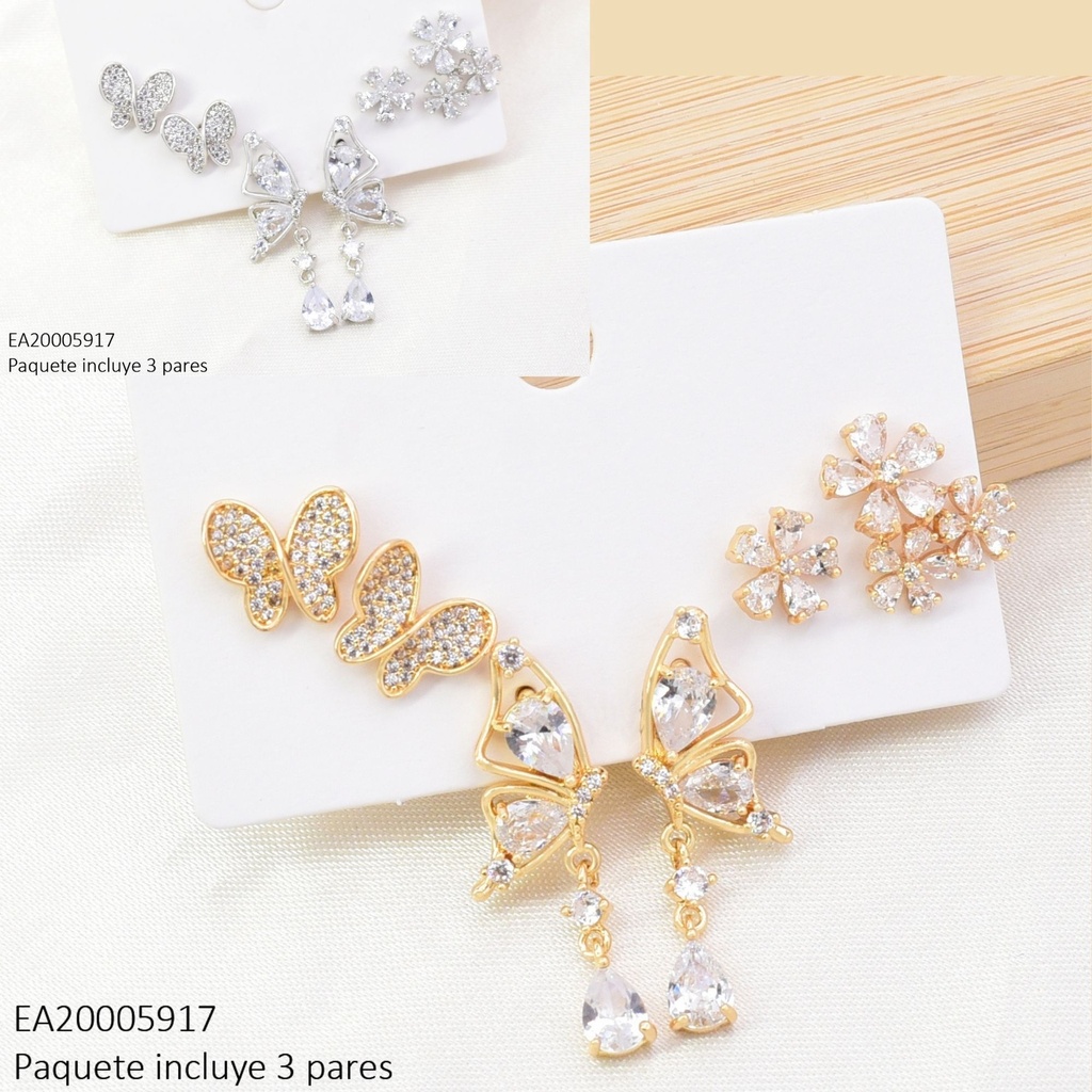SET 3 PARES ARETES DOR/PLAT ZIRC. MARIPOSA/🦋 VISTA LATERAL/FLORES SE1392-6 012026