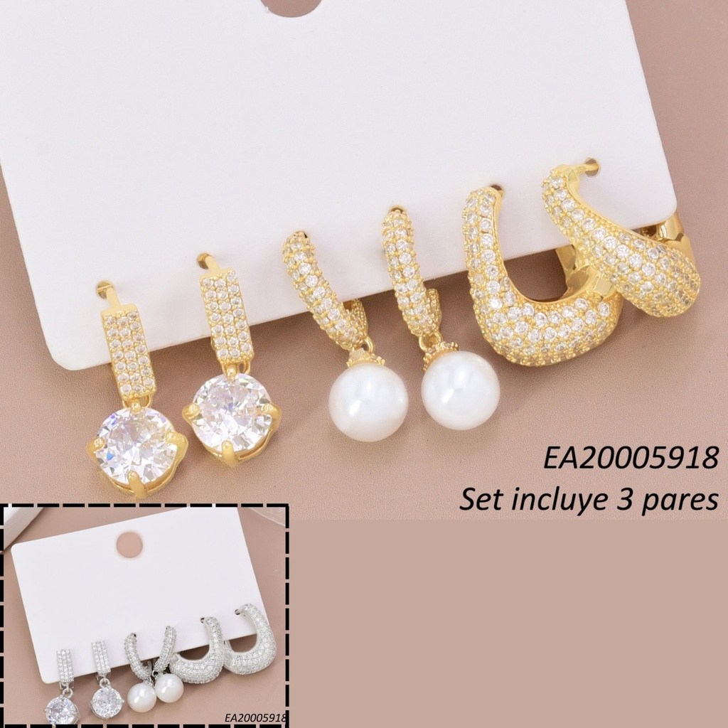 SET 3 PARES ARETES DOR/PLAT ZIRC RD/"C" PERLA/HUGGIE ZIRC. SE1393-6 012026
