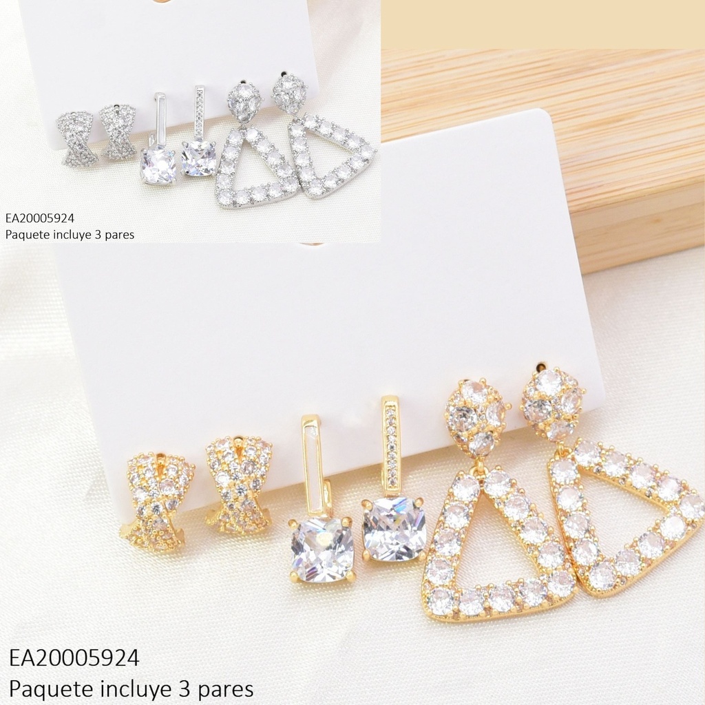 SET 3 PARES ARETES DOR/PLAT ZIRC. "X" /ZIRC CUADRADA/TRIANGULO SE1399-6 012026